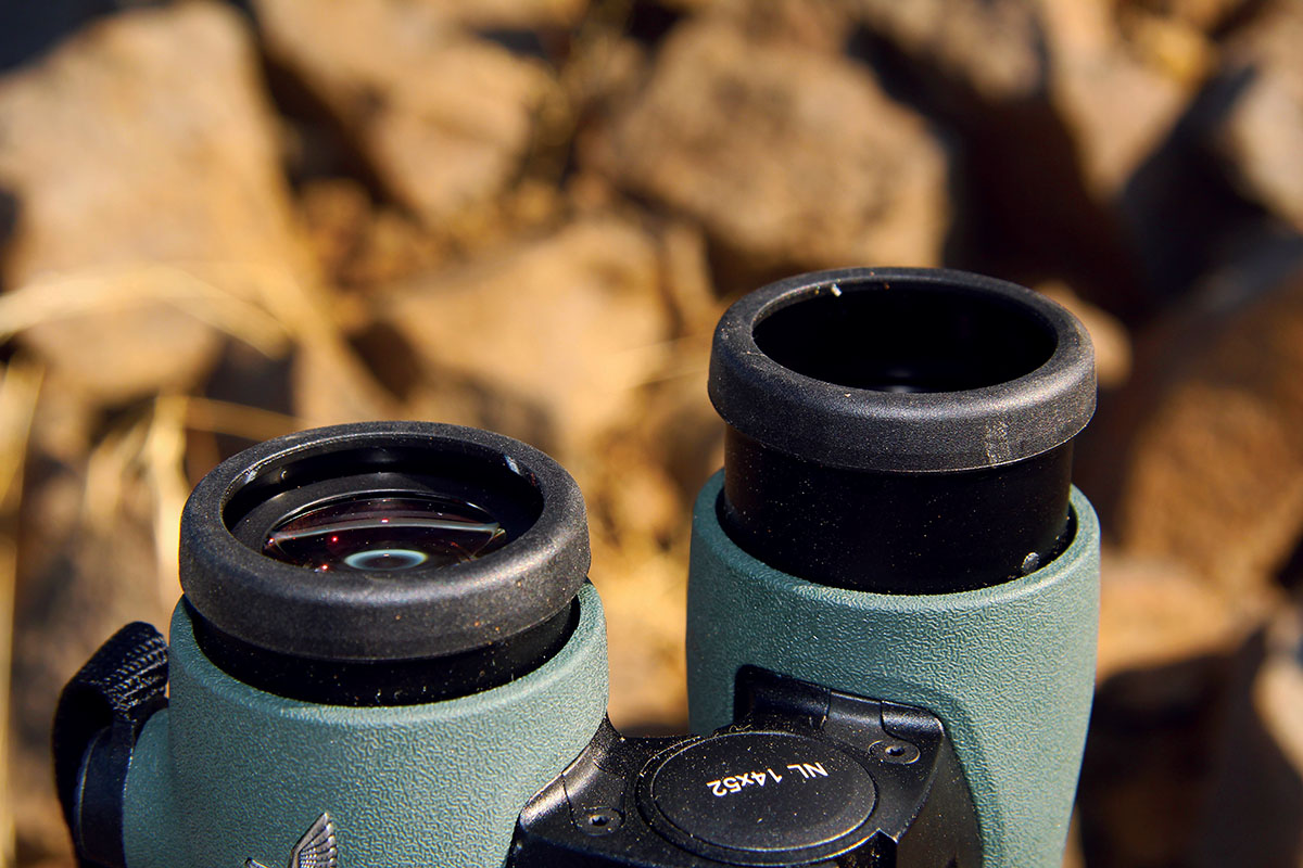 The eyecups of Swarovski’s 14x52 NL Pure binoculars include a twist-up/down design with click stops. They can be fully retracted for use with  eyeglasses or adjusted out fully to provide 17mm of eye relief.